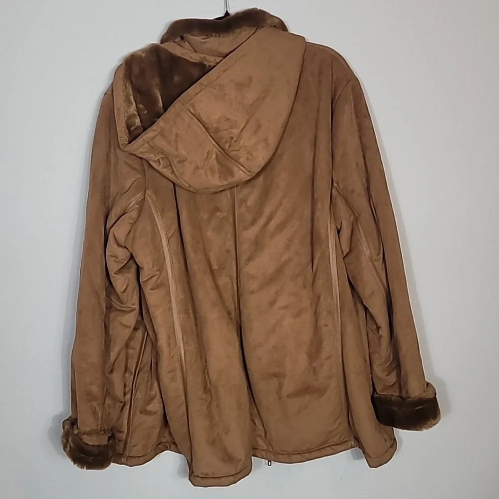 Y2K Cato Women Faux Fur Penny Lane Coat Size 18/22 L/XL Hood Brown Zip Suede 90s